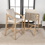 Porto Modern Coastal Tub Roped Acacia Wood Outdoor Bar Stool with Cushions and Armrests Set 2