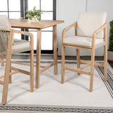 Porto Modern Coastal Tub Roped Acacia Wood Outdoor Bar Stool with Cushions and Armrests Set 2