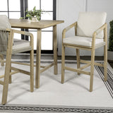 Porto Modern Coastal Tub Roped Acacia Wood Outdoor Bar Stool with Cushions and Armrests Set 2