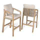 Porto Modern Coastal Tub Roped Acacia Wood Outdoor Bar Stool with Cushions and Armrests Set 2