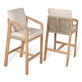 Porto Modern Coastal Tub Roped Acacia Wood Outdoor Bar Stool with Cushions and Armrests Set 2