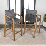 Porto Modern Coastal Tub Roped Acacia Wood Outdoor Bar Stool with Cushions and Armrests Set 2