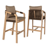 Porto Modern Coastal Tub Roped Acacia Wood Outdoor Bar Stool with Cushions and Armrests Set 2