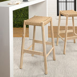 Armati Coastal Casual Handcrafted Teak Wood Backless Indoor/Outdoor Bar Stool with Synthetic Woven Seat