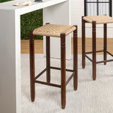 Columnar Casual Bohemian Handcrafted Teak Wood Backless Indoor/Outdoor Bar Stool with Synthetic Woven Rattan Seat
