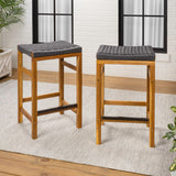 Armand 30" Modern Coastal Backless Acacia Wood Outdoor Bar Stool with Woven Rope Seat