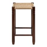 Columnar Casual Bohemian Handcrafted Teak Wood Backless Indoor/Outdoor Bar Stool with Synthetic Woven Rattan Seat