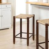 Columnar Casual Bohemian Handcrafted Teak Wood Backless Indoor/Outdoor Bar Stool with Synthetic Woven Rattan Seat