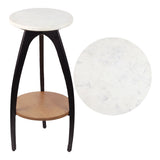 Ollie 24.5" Designer Farmhouse Metal Tripod Drink Table and Decorative End Table with White Marble Round Top and Wood Undershelf