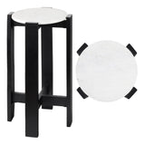 Elena 24" Minimalist Structured Wood Drink Table and Decorative End Table with White Marble Round Top
