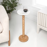 Monroe 24.25" Rustic Farmhouse Spindle Wood Drink Table and Decorative End Table with White Marble Round Top