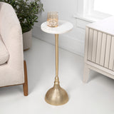 Ava 23.75" Art Deco Contemporary Metal Pedestal Drink Table and Decorative End Table with White Marble Round Top and Hammered Base
