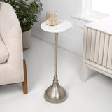 Ava 23.75" Art Deco Contemporary Metal Pedestal Drink Table and Decorative End Table with White Marble Round Top and Hammered Base