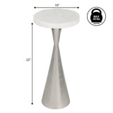 Ziggy 22" Contemporary Designer Metal Drink Table and Decorative End Table with White Marble Round Top and Cone Pedestal Base