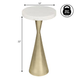 Ziggy 22" Contemporary Designer Metal Drink Table and Decorative End Table with White Marble Round Top and Cone Pedestal Base