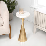 Ziggy 22" Contemporary Designer Metal Drink Table and Decorative End Table with White Marble Round Top and Cone Pedestal Base