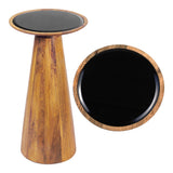 Linden 21.5" Farmhouse Industrial Mango Wood Drink Table and Decorative End Table with Round Black Glass Top and Cone Pedestal Base