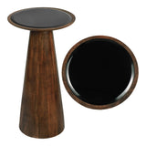 Linden 21.5" Farmhouse Industrial Mango Wood Drink Table and Decorative End Table with Round Black Glass Top and Cone Pedestal Base