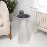 Linden 21.5" Farmhouse Industrial Mango Wood Drink Table and Decorative End Table with Round Black Glass Top and Cone Pedestal Base