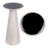 Linden 21.5" Farmhouse Industrial Mango Wood Drink Table and Decorative End Table with Round Black Glass Top and Cone Pedestal Base
