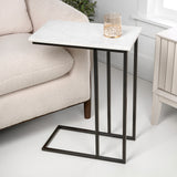 Caius 24.25" Designer Industrial Metal C-Shaped End Table and Side Couch Table with White Marble Top