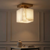Alessia 1-Light Modern Contemporary Alabaster/Iron Cube LED Semi Flush Mount White Marbling/Brass Gold / 5'' – AI-ON