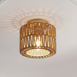 Omar 8 in. 1-Light Modern Bohemian Metal and Cross Woven Paper Rope Drum LED Flush Mount