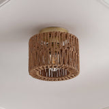 Omar 8 in. 1-Light Modern Bohemian Metal and Cross Woven Paper Rope Drum LED Flush Mount