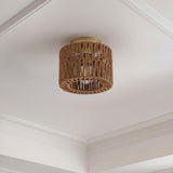 Omar 8 in. 1-Light Modern Bohemian Metal and Cross Woven Paper Rope Drum LED Flush Mount