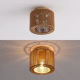 Omar 8 in. 1-Light Modern Bohemian Metal and Cross Woven Paper Rope Drum LED Flush Mount