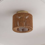 Omar 8 in. 1-Light Modern Bohemian Metal and Cross Woven Paper Rope Drum LED Flush Mount