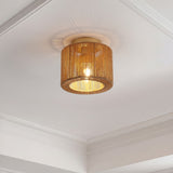 Omar 8 in. 1-Light Modern Bohemian Metal and Cross Woven Paper Rope Drum LED Flush Mount
