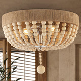 Justina Wood Bead 14" Farmhouse Bohemian Iron LED Flush Mount - JONATHAN Y