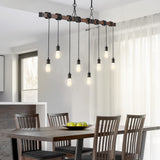 Rhys 40" 8-Light Vintage Industrial Driftwood Iron LED Linear Chandelier with Height Adjustable Bulbs - JONATHAN Y