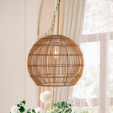 Raya 19" Farmhouse Coastal Rattan 180" Cord Plug-In or Hardwired LED Pendant - JONATHAN Y