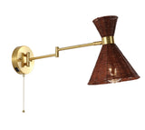 Lily 25" 1-Light Mid-Century Vintage Retro Rattan/Metal USB Charging Swing Arm LED Sconce with Pull Chain - JONATHAN Y