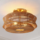 Maya 23.75" 2-Light Bohemian Farmhouse 2-Tier Metal Hand-Woven Paper Rope Tapered Drum LED Semi Flush Mount