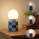 Zira 10" Modern Checkerboard Ceramic Rechargeable Cordless Integrated Portable Dimmable with Frosted Globe Shade LED Table Lamp
