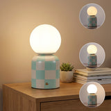 Zira 10" Modern Checkerboard Ceramic Rechargeable Cordless Integrated Portable Dimmable with Frosted Globe Shade LED Table Lamp