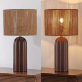 Hazel 24" Bohemian Coastal Fluted Scalloped Cylinder Resin with Hand-Woven Paper Rope Drum Shade LED Table Lamp