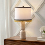 Lacy 25.25" Organic Modern Sculptural Hourglass Travertine Stone with Fringed Drum Shade LED Table Lamp