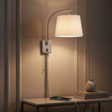 Gosling 22.5" Mid-Century Modern Plug-In or Hardwired Iron LED Gooseneck Swing Arm Wall Sconce with Pull-Chain and USB Charging Port Nickel – AI-ON