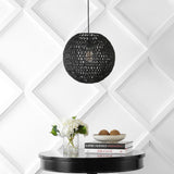 Luna 15.75" Bohemian Modern Woven Rattan/Iron LED Pendant - JONATHAN Y