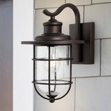 Westfield 10.5" Iron/Seeded Glass Rustic Industrial Cage LED Outdoor Lantern - JONATHAN Y