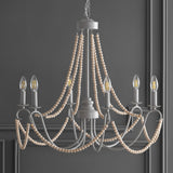 Rustica 27" Adjustable Greige Metal/Wood Bead LED Chandelier - JONATHAN Y