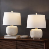 Qualm 20" Coastal Farmhouse Textured Resin/Metal Rounded Barrel LED Table Lamp