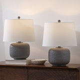 Qualm 20" Coastal Farmhouse Textured Resin/Metal Rounded Barrel LED Table Lamp
