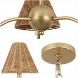 Grady Coastal Farmhouse Adjustable Swooping Arm Metal with Hand-Woven Rattan Shades LED Chandelier