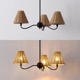 Grady Coastal Farmhouse Adjustable Swooping Arm Metal with Hand-Woven Rattan Shades LED Chandelier