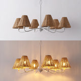 Grady Coastal Farmhouse Adjustable Swooping Arm Metal with Hand-Woven Rattan Shades LED Chandelier